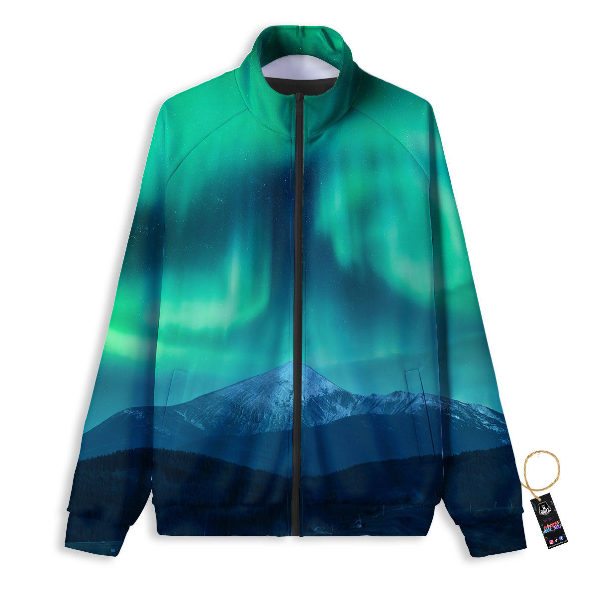 Green Northern Lights And Snowy Mountains Print Track Jacket-grizzshop