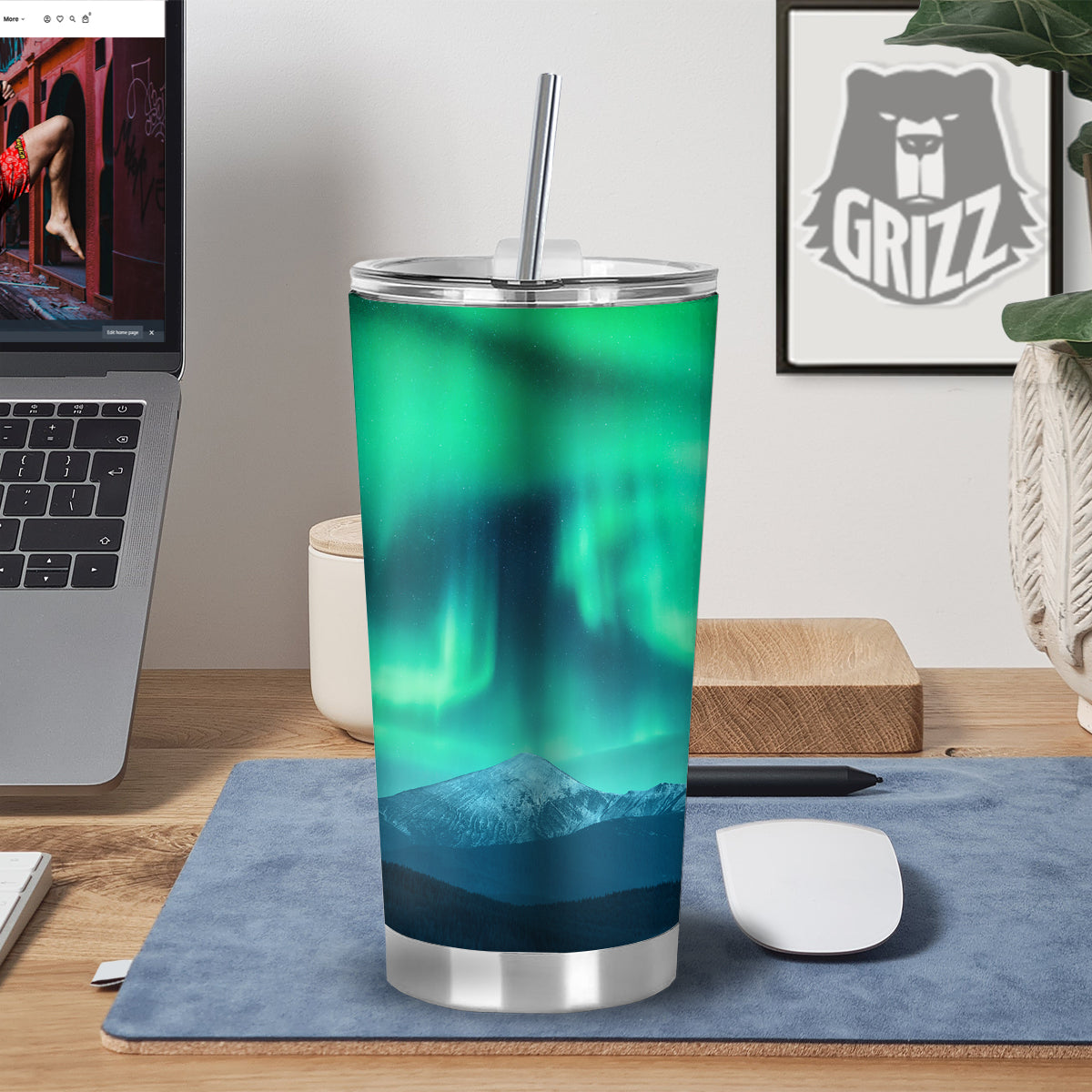 Green Northern Lights And Snowy Mountains Print Tumbler-grizzshop