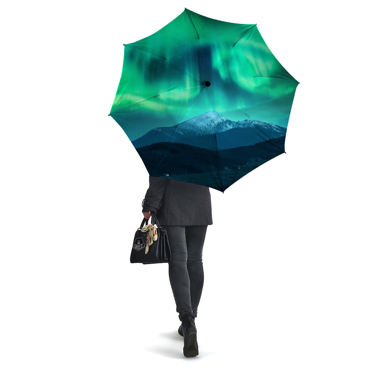 Green Northern Lights And Snowy Mountains Print Umbrella-grizzshop