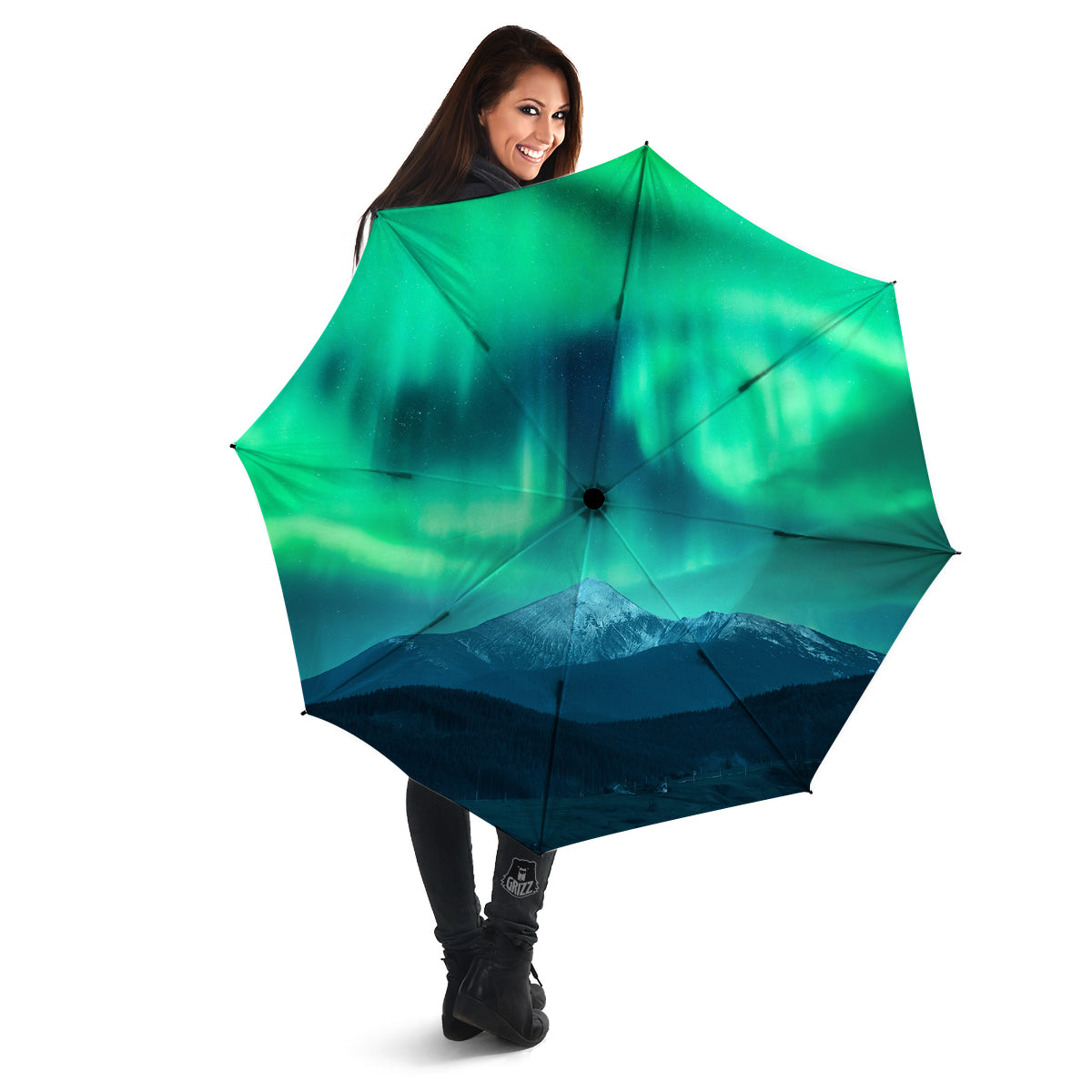 Green Northern Lights And Snowy Mountains Print Umbrella-grizzshop
