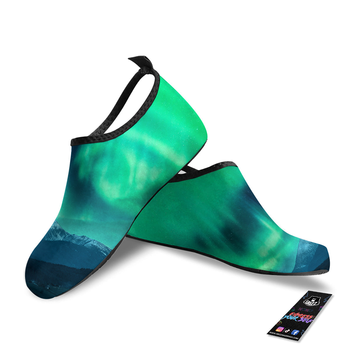 Green Northern Lights And Snowy Mountains Print Water Shoes-grizzshop