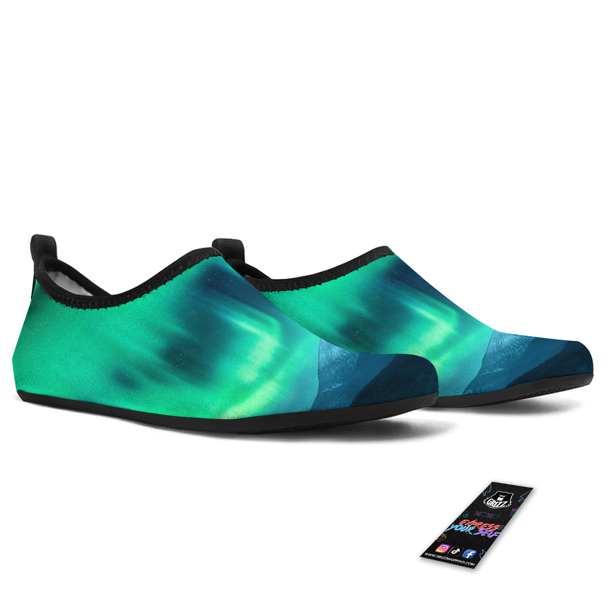 Green Northern Lights And Snowy Mountains Print Water Shoes-grizzshop