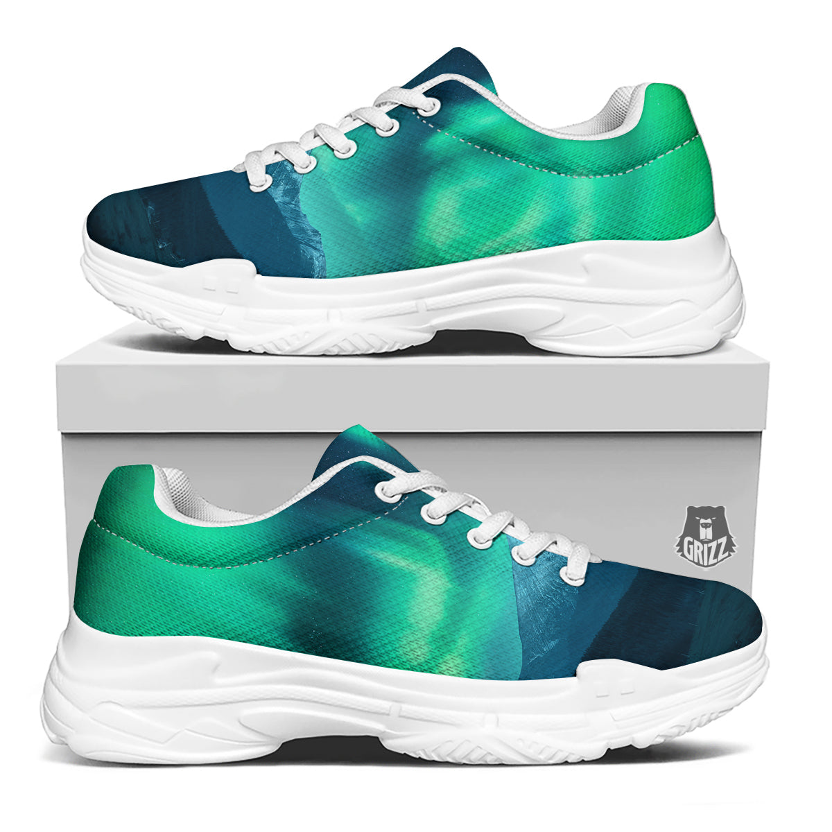 Green Northern Lights And Snowy Mountains Print White Chunky Shoes-grizzshop