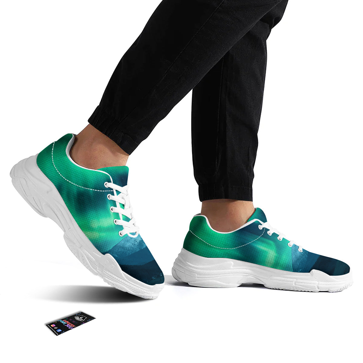 Green Northern Lights And Snowy Mountains Print White Chunky Shoes-grizzshop