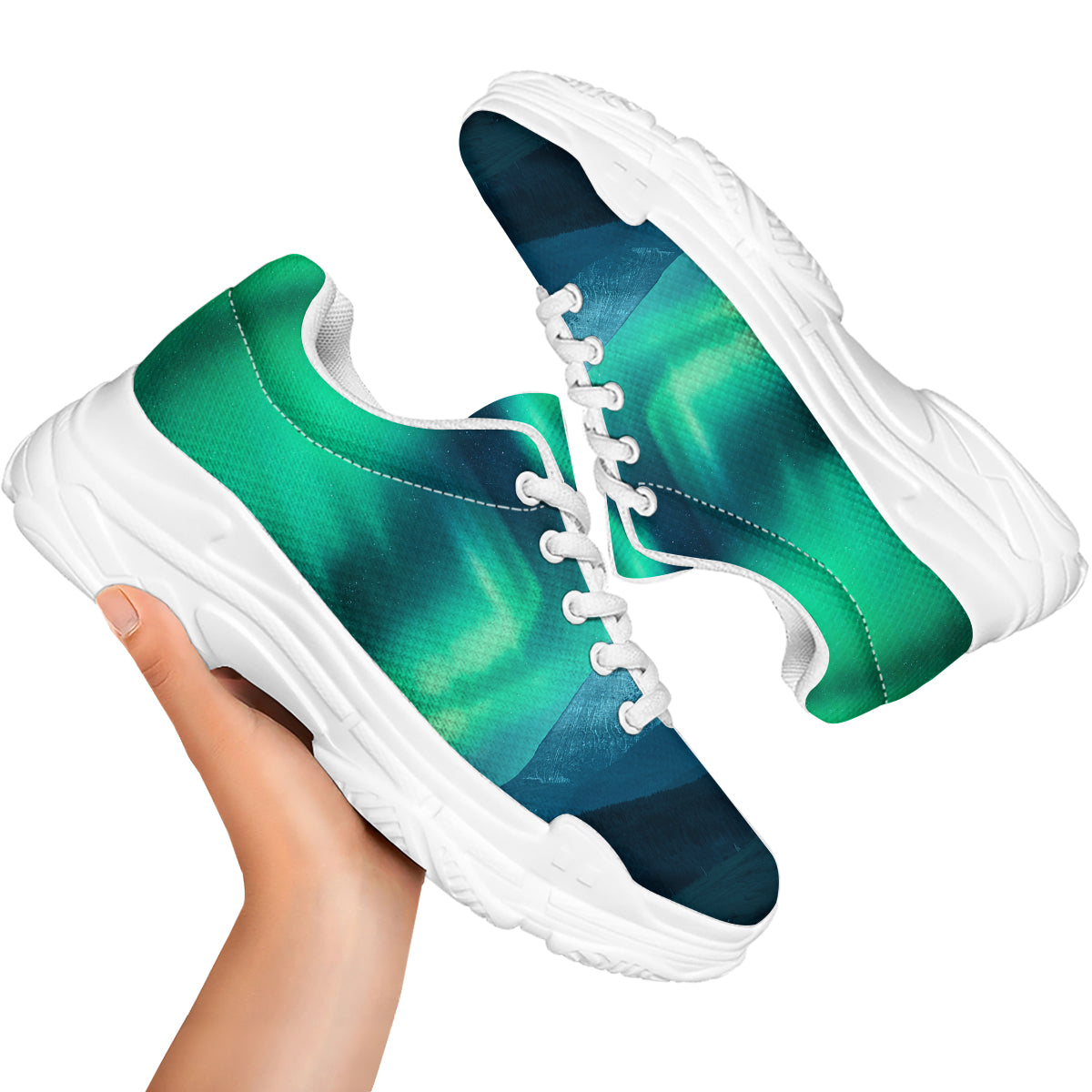 Green Northern Lights And Snowy Mountains Print White Chunky Shoes-grizzshop