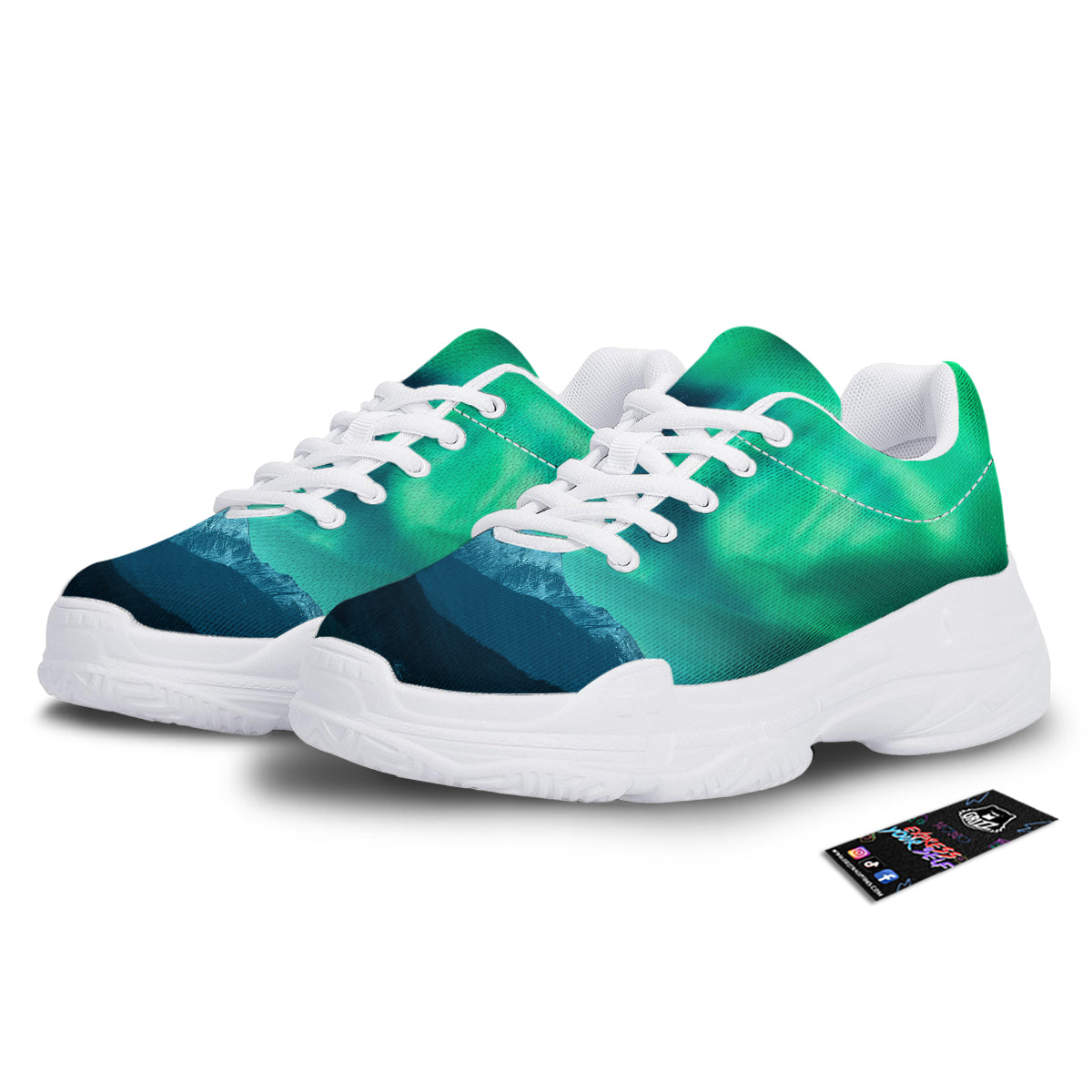 Green Northern Lights And Snowy Mountains Print White Chunky Shoes-grizzshop