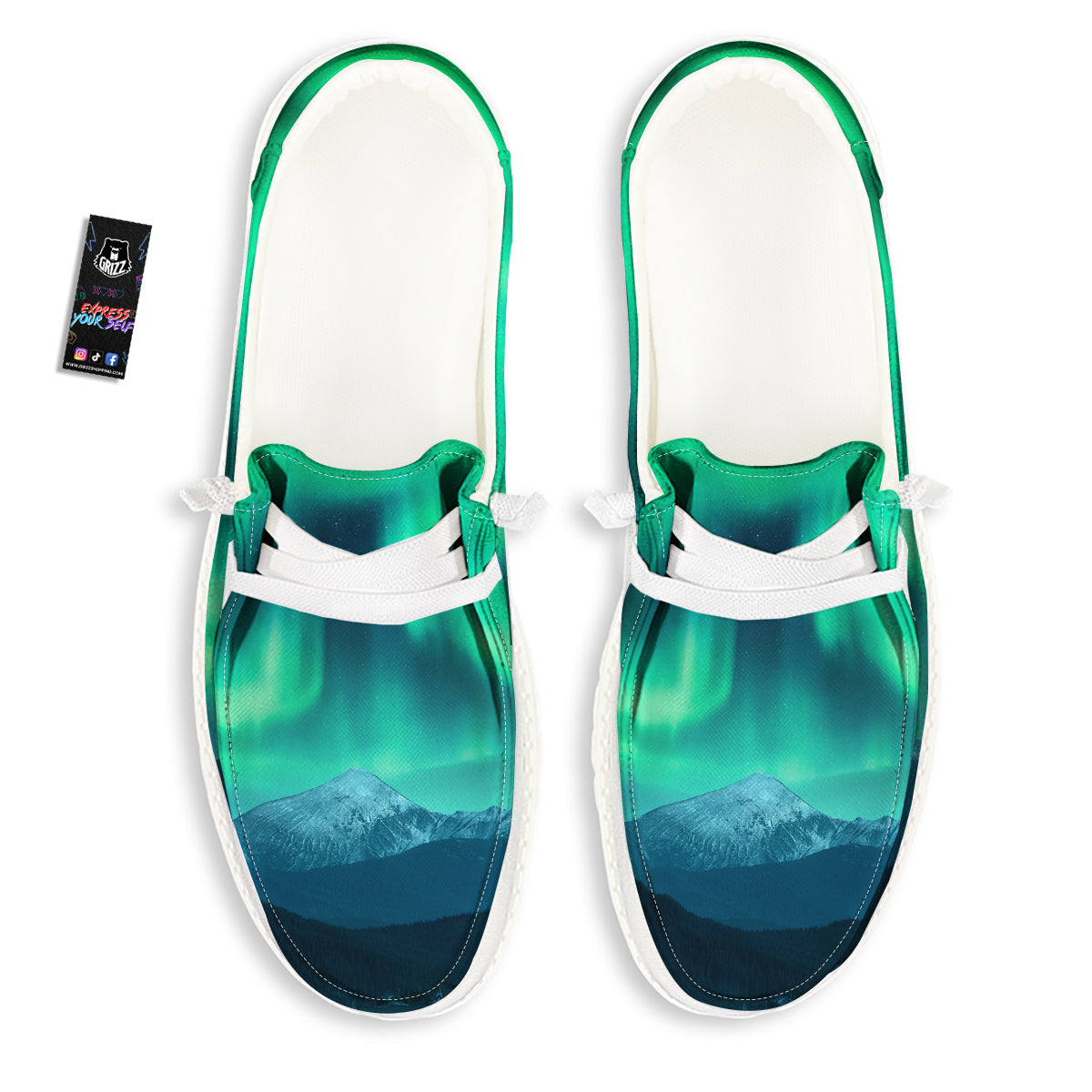 Green Northern Lights And Snowy Mountains Print White Loafers-grizzshop