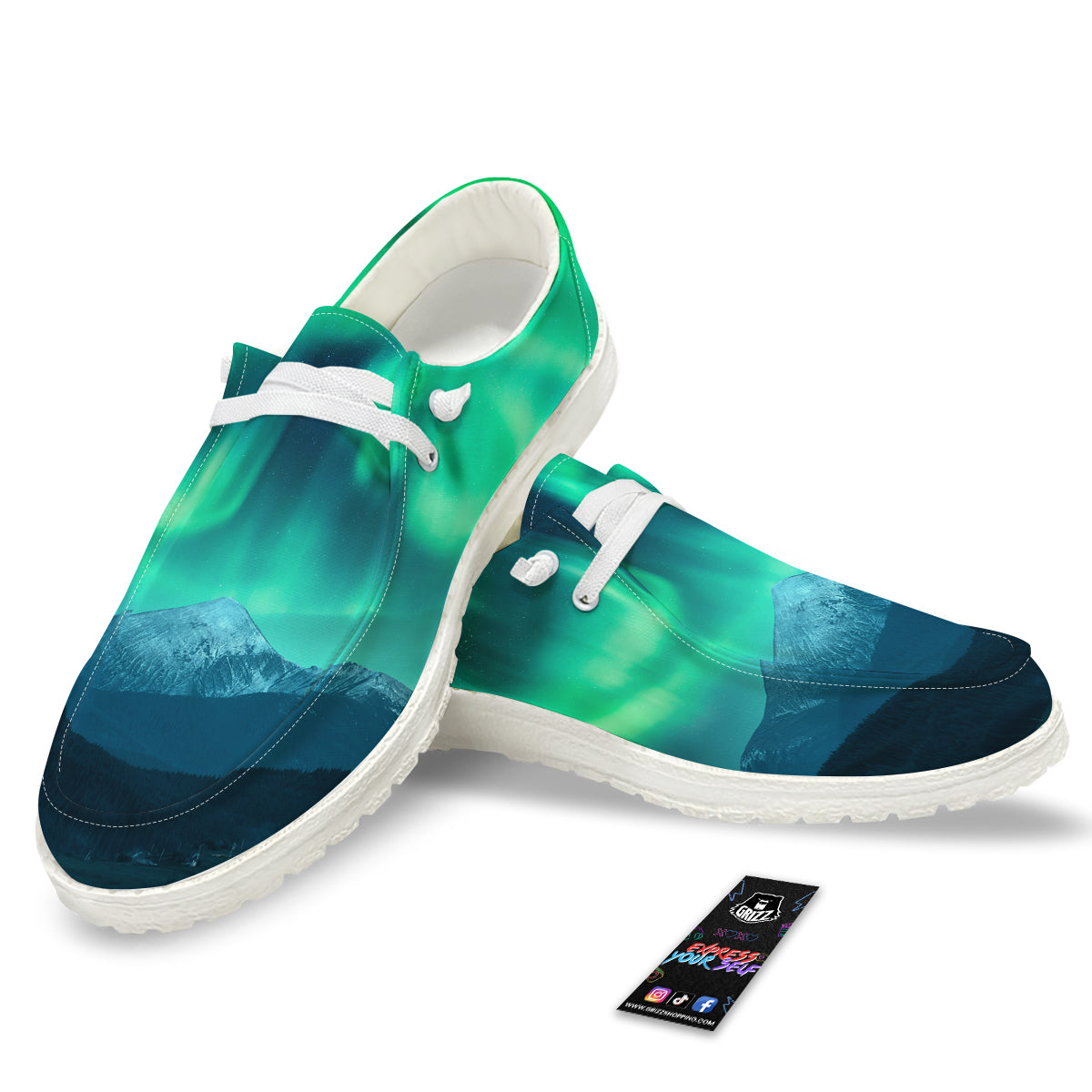 Green Northern Lights And Snowy Mountains Print White Loafers-grizzshop
