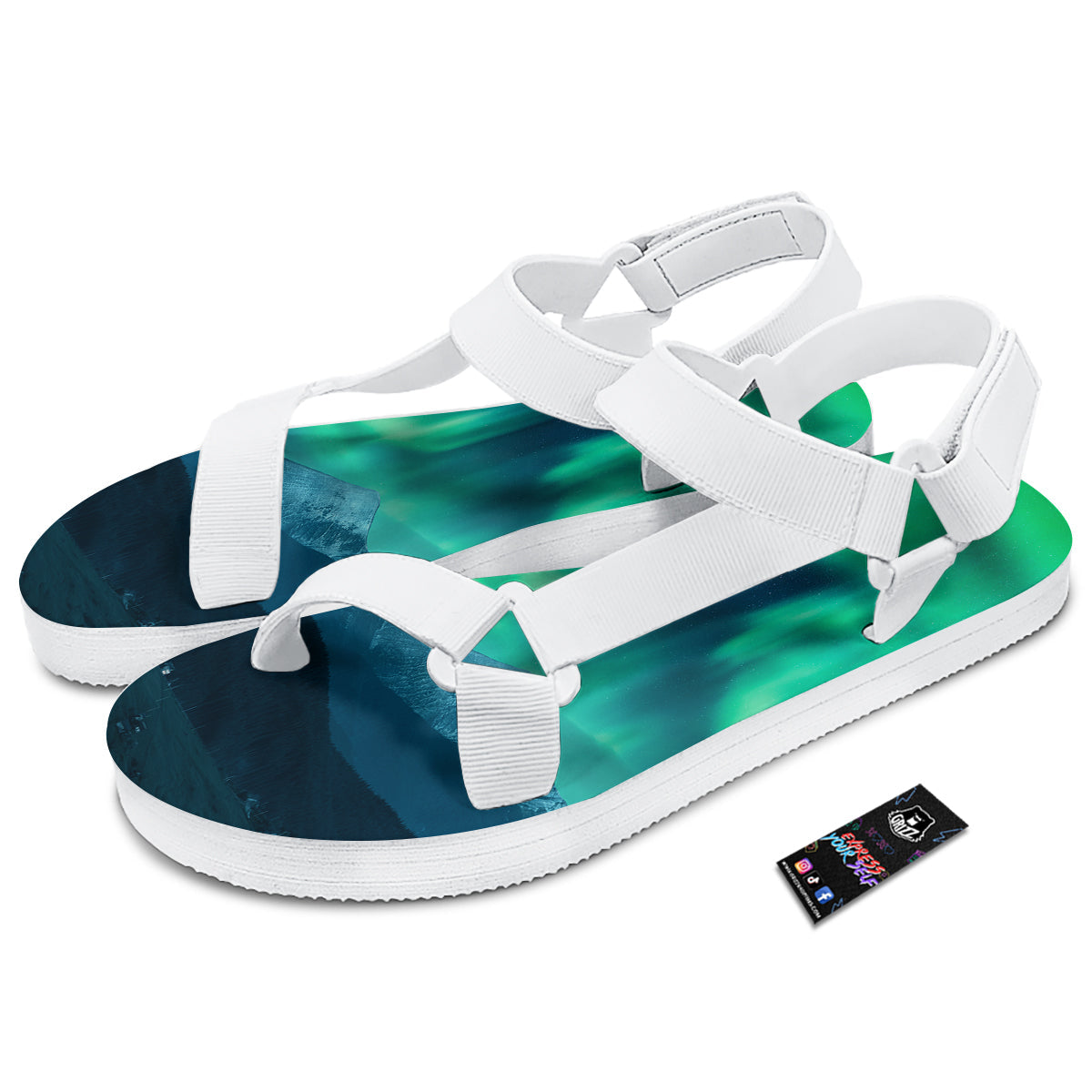 Green Northern Lights And Snowy Mountains Print White Open Toe Sandals-grizzshop