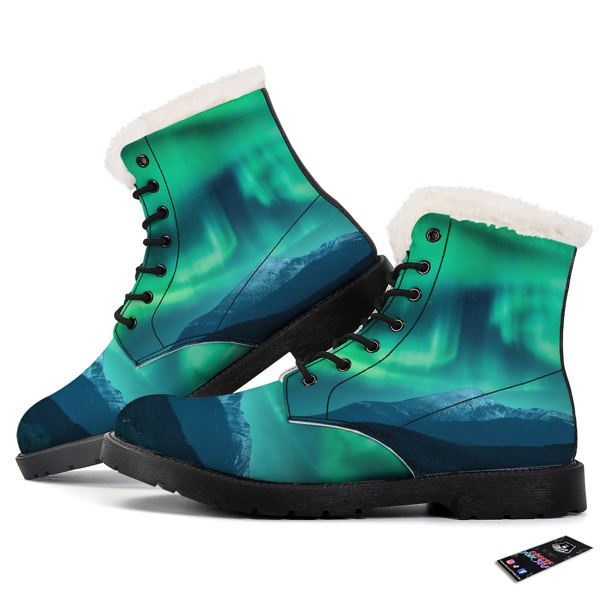 Green Northern Lights And Snowy Mountains Print Winter Boots-grizzshop