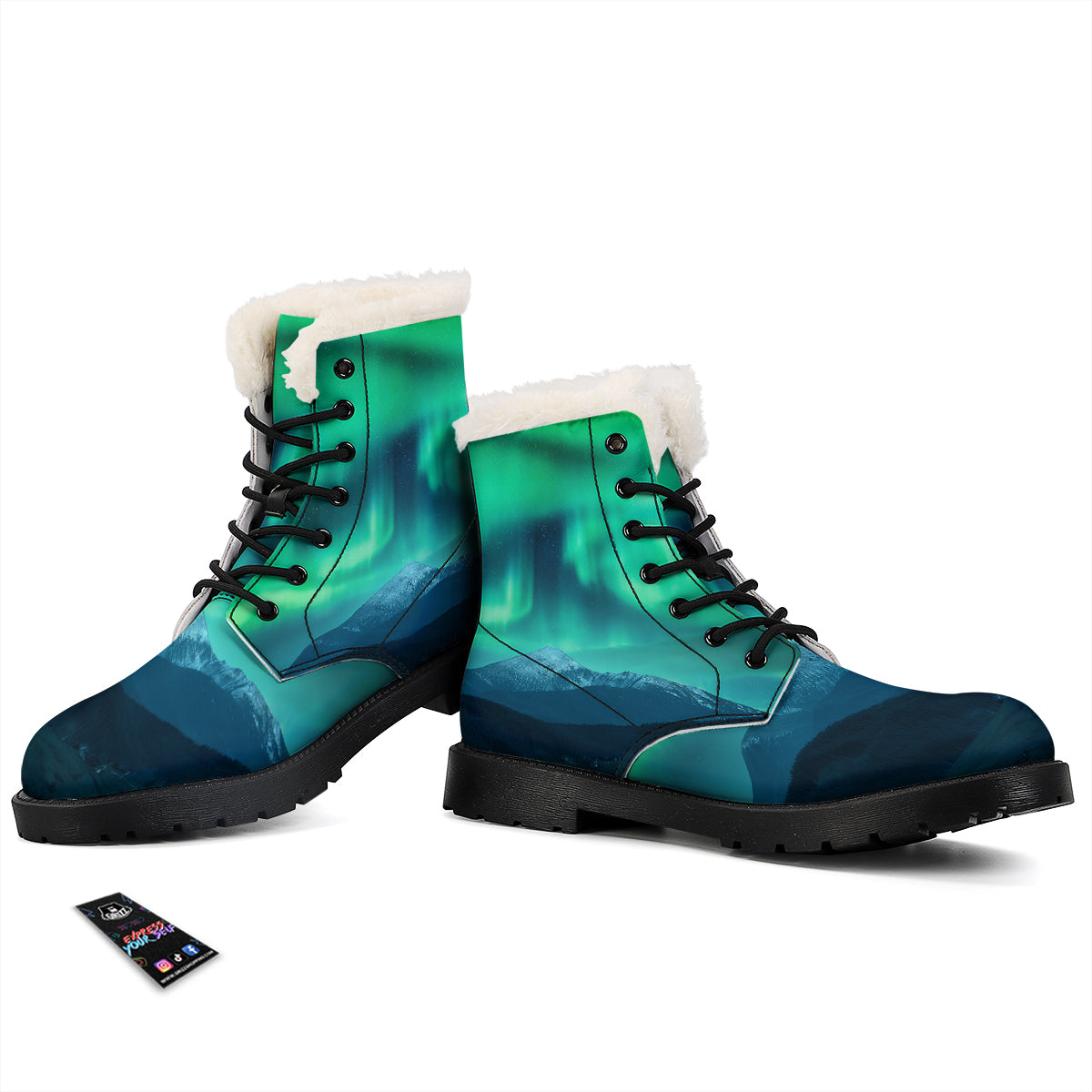 Green Northern Lights And Snowy Mountains Print Winter Boots-grizzshop