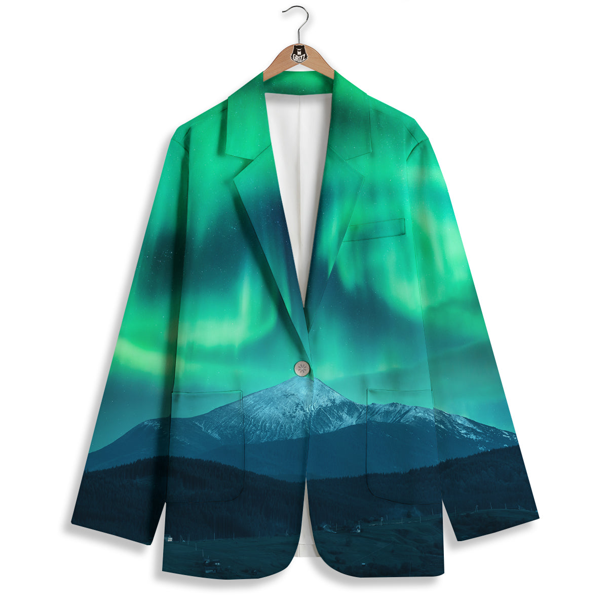 Green Northern Lights And Snowy Mountains Print Women's Blazer-grizzshop