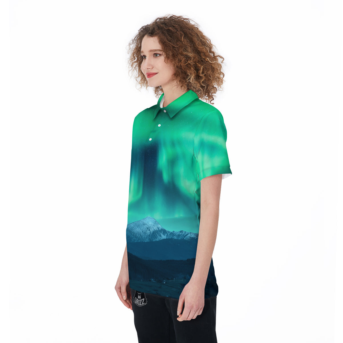 Green Northern Lights And Snowy Mountains Print Women's Golf Shirts-grizzshop
