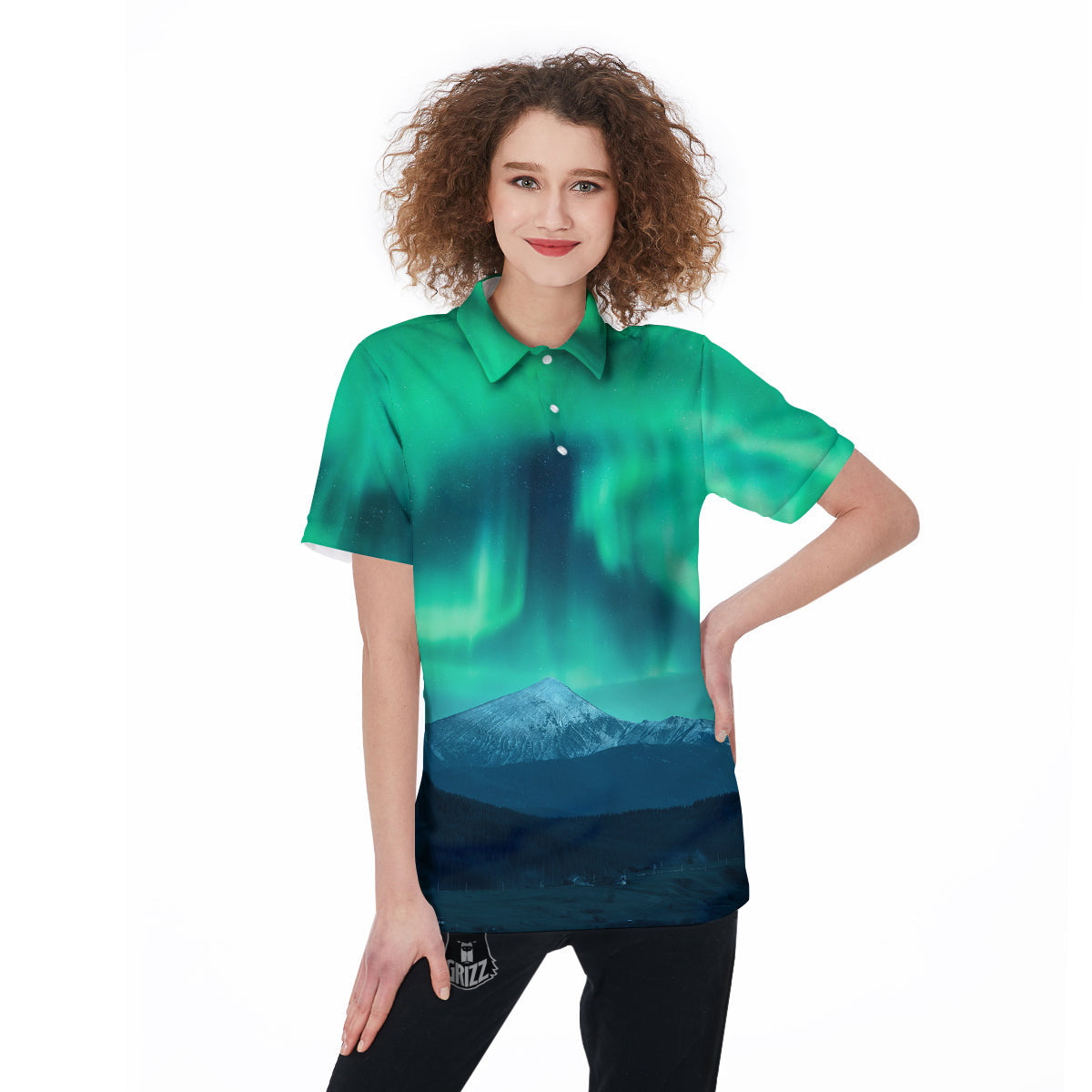 Green Northern Lights And Snowy Mountains Print Women's Golf Shirts-grizzshop