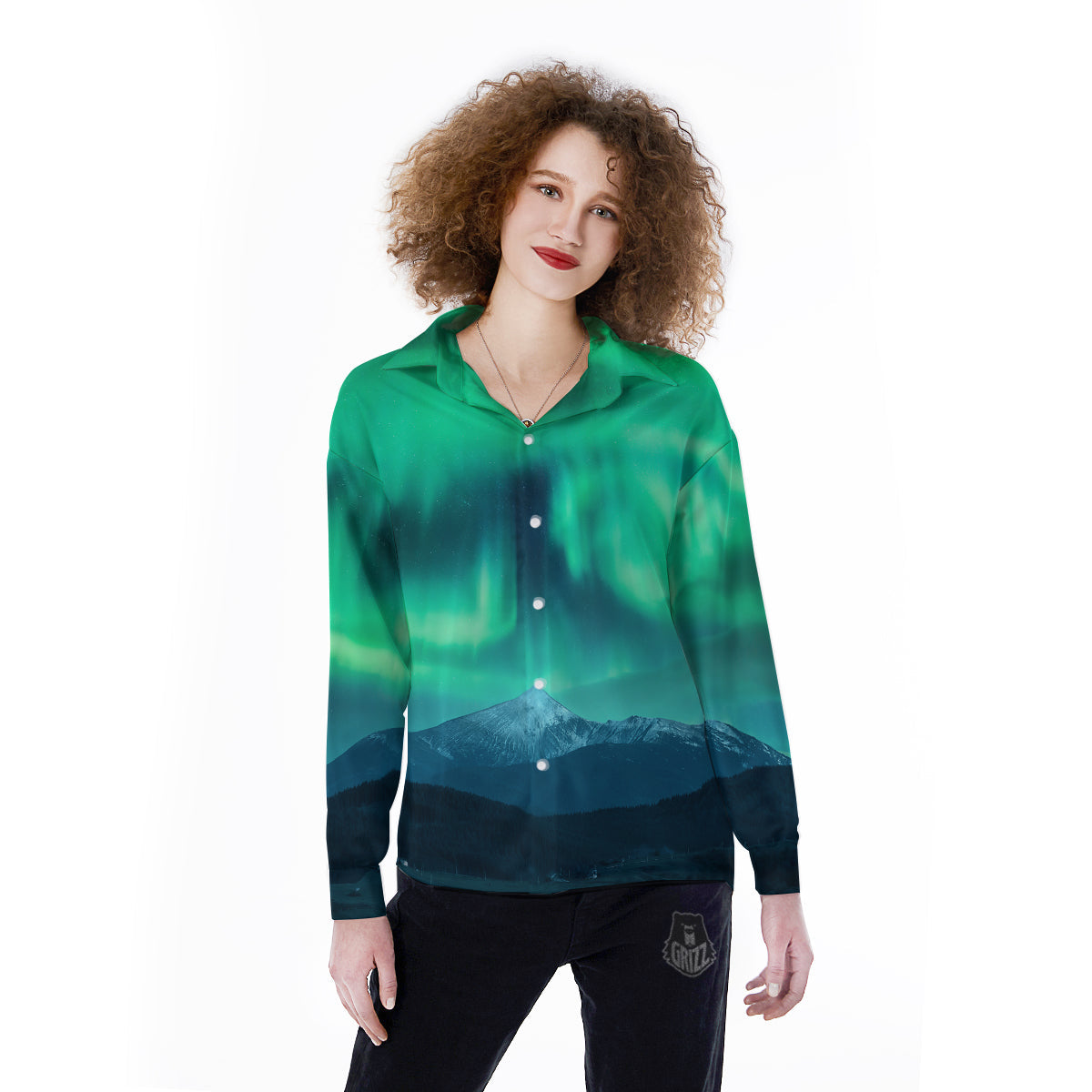 Green Northern Lights And Snowy Mountains Print Women's Long Sleeve Shirts-grizzshop
