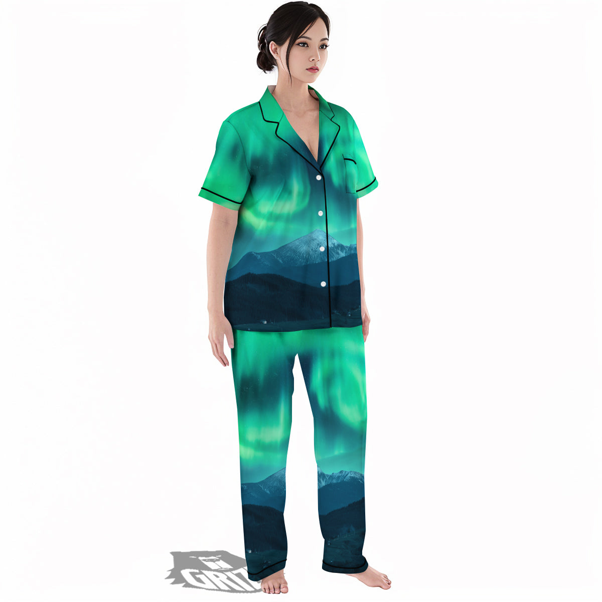 Green Northern Lights And Snowy Mountains Print Women's Pajamas Set-grizzshop