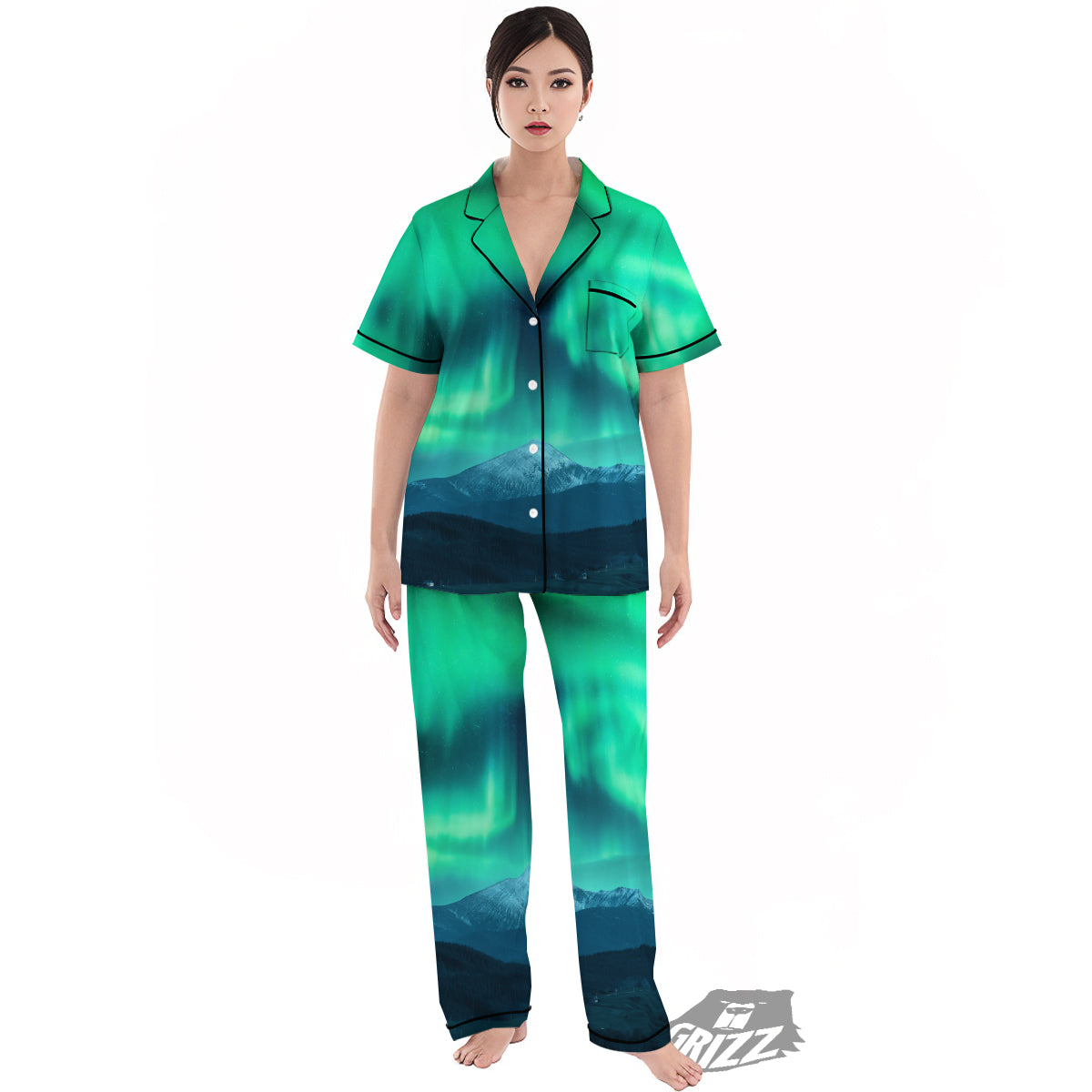 Green Northern Lights And Snowy Mountains Print Women's Pajamas Set-grizzshop