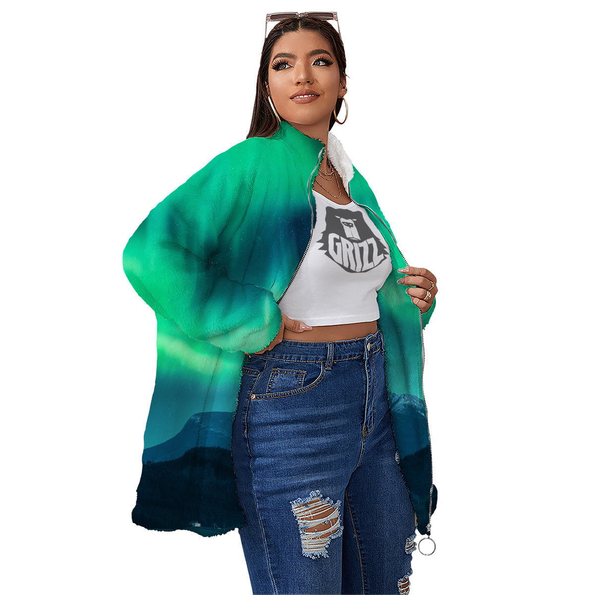 Green Northern Lights And Snowy Mountains Print Women's Sherpa Jacket-grizzshop