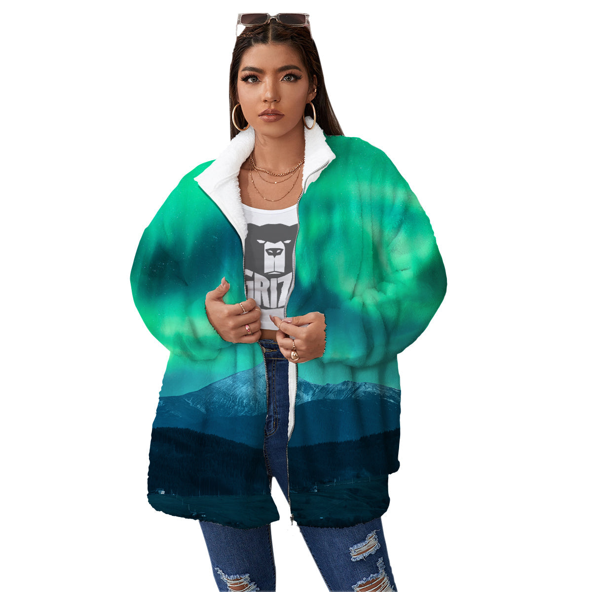Green Northern Lights And Snowy Mountains Print Women's Sherpa Jacket-grizzshop