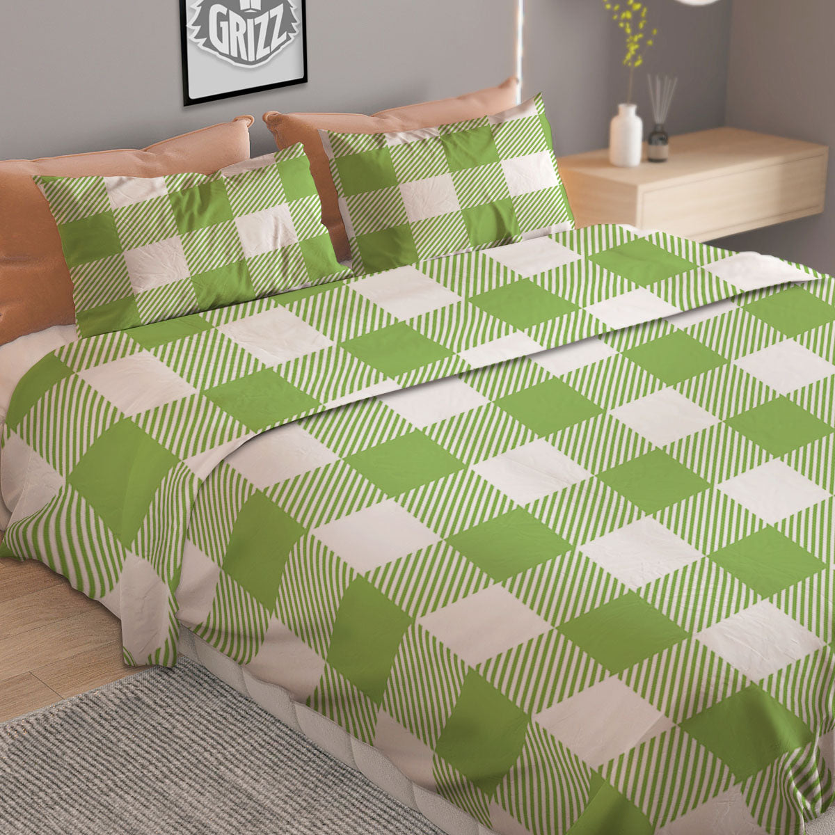 Green Pear And White Gingham Print Duvet Cover Bedding Set