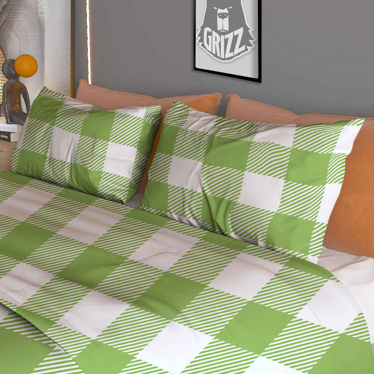 Green Pear And White Gingham Print Duvet Cover Bedding Set