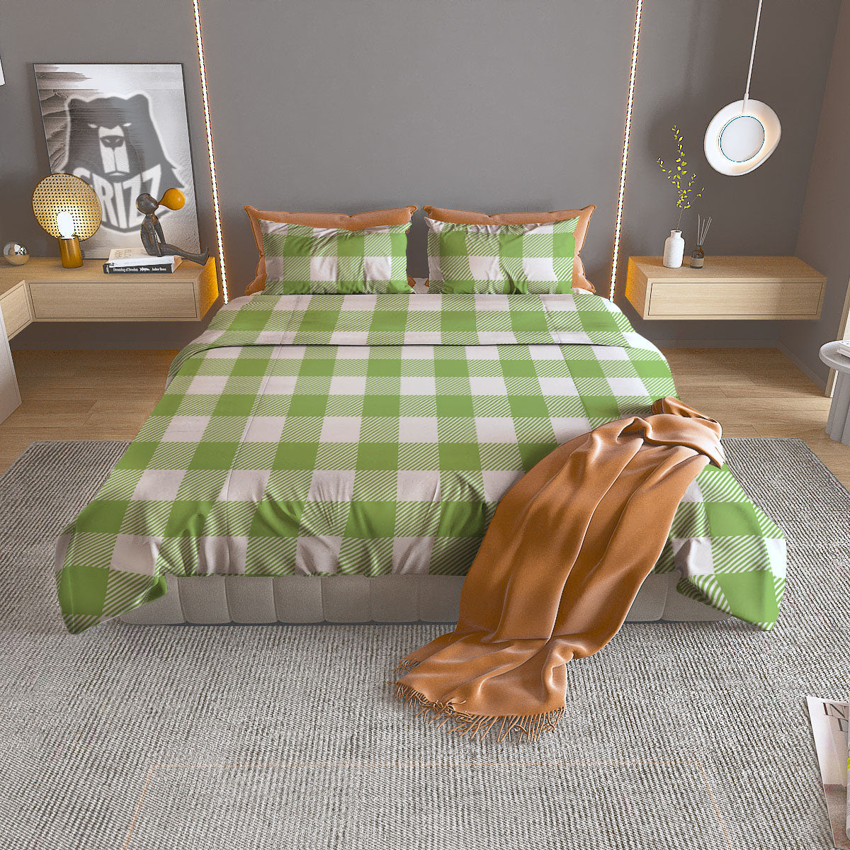 Green Pear And White Gingham Print Duvet Cover Bedding Set