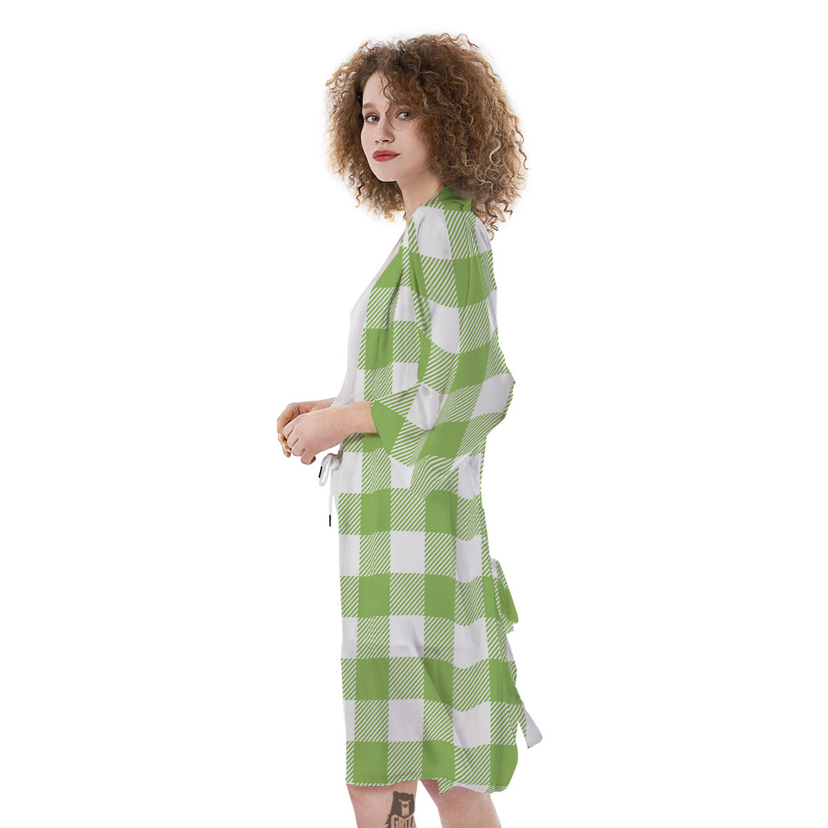 Green Pear And White Gingham Print Kimono-grizzshop