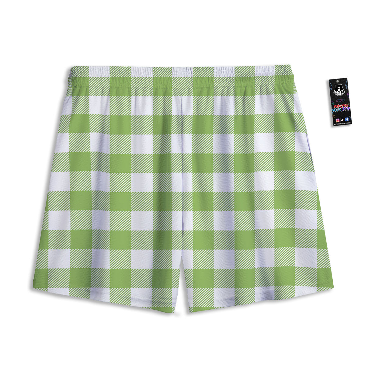 Green Pear And White Gingham Print Mesh Shorts