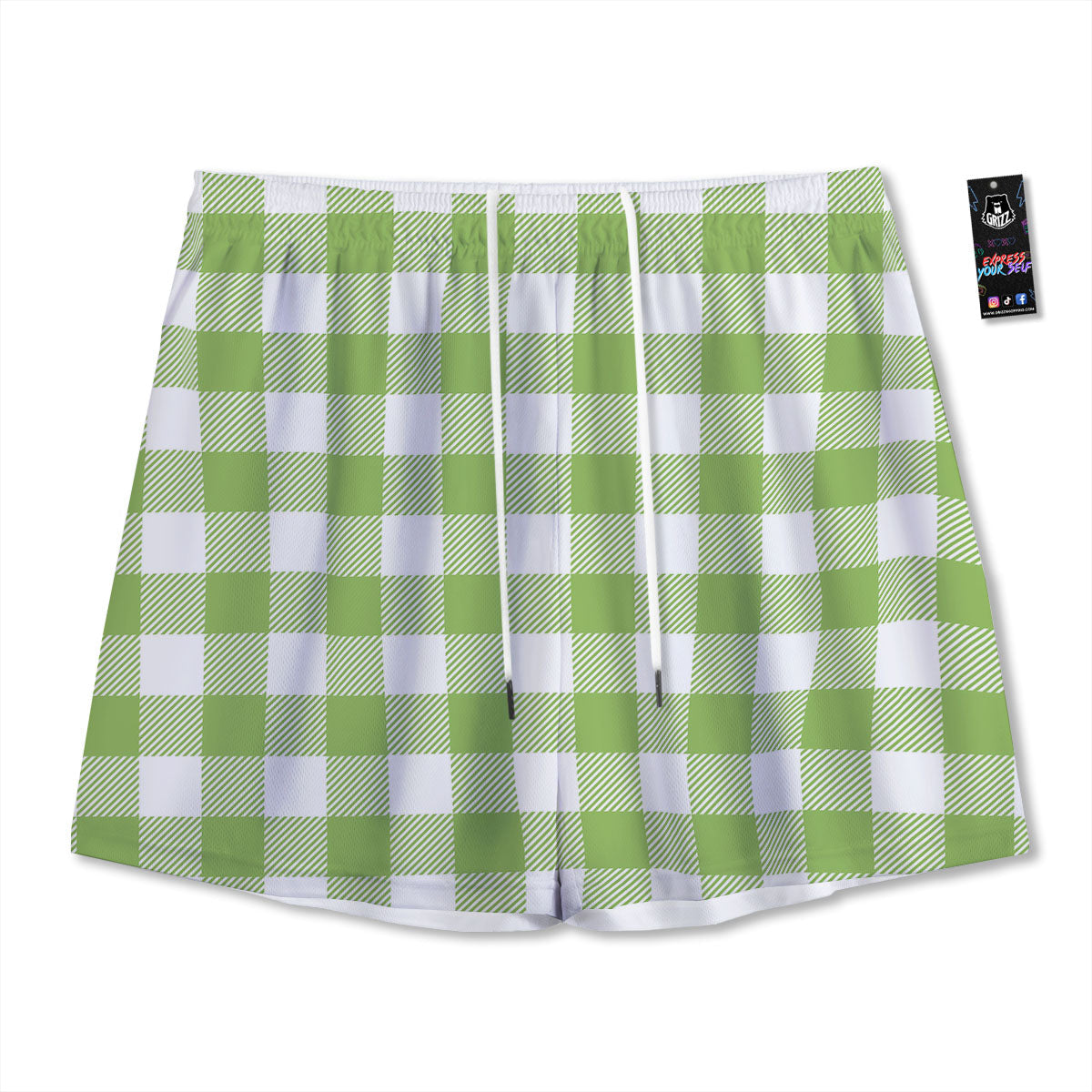 Green Pear And White Gingham Print Mesh Shorts