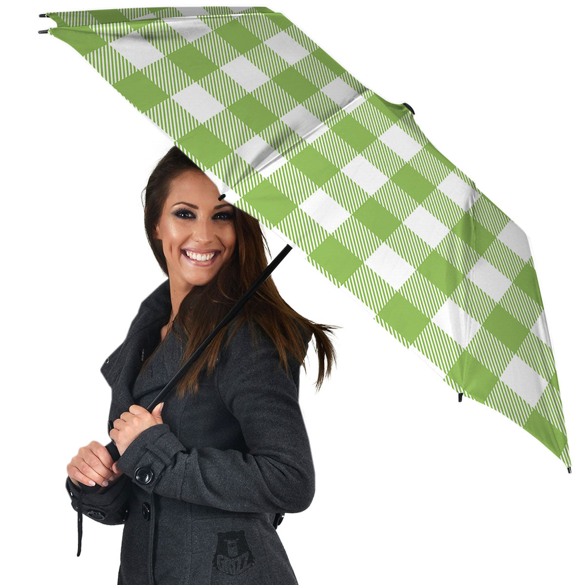 Green Pear And White Gingham Print Umbrella-grizzshop