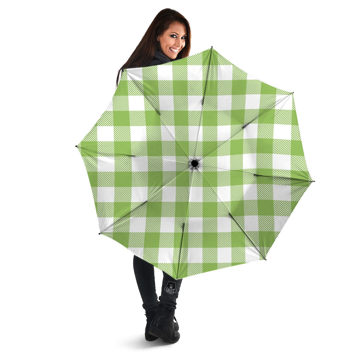Green Pear And White Gingham Print Umbrella-grizzshop