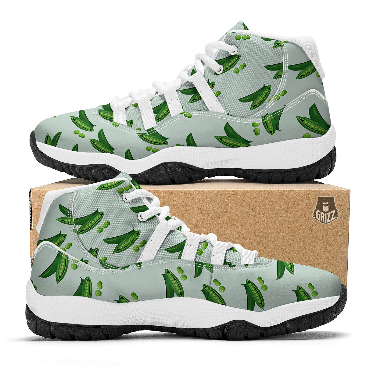 Green Peas Print Pattern White Bball Shoes-grizzshop