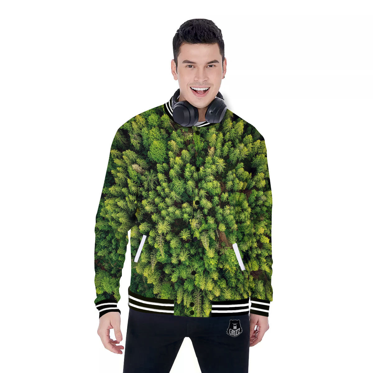 Green Pine Summer Forest Print Baseball Jacket-grizzshop