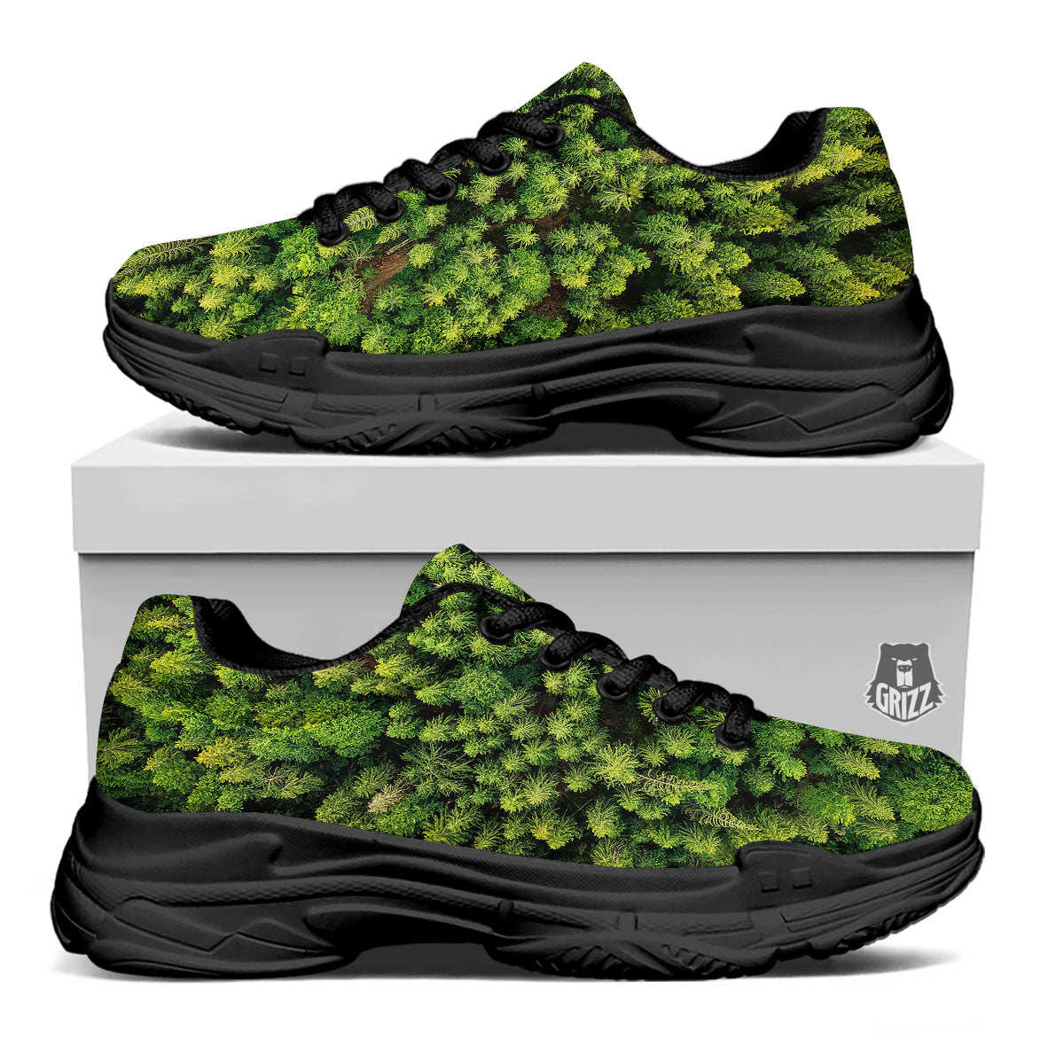 Green Pine Summer Forest Print Black Chunky Shoes-grizzshop