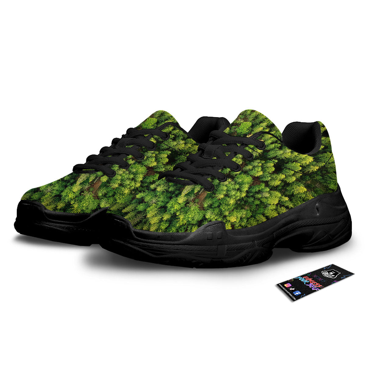 Green Pine Summer Forest Print Black Chunky Shoes-grizzshop