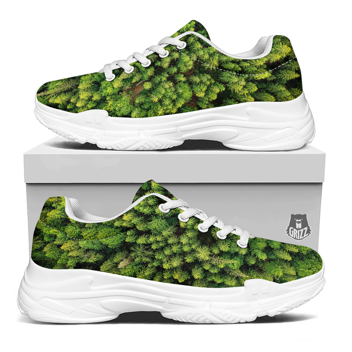 Green Pine Summer Forest Print White Chunky Shoes-grizzshop