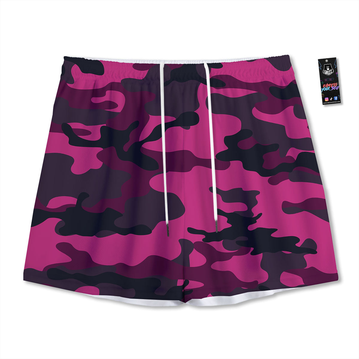 Green Pink And Black Camouflage Print Mesh Shorts