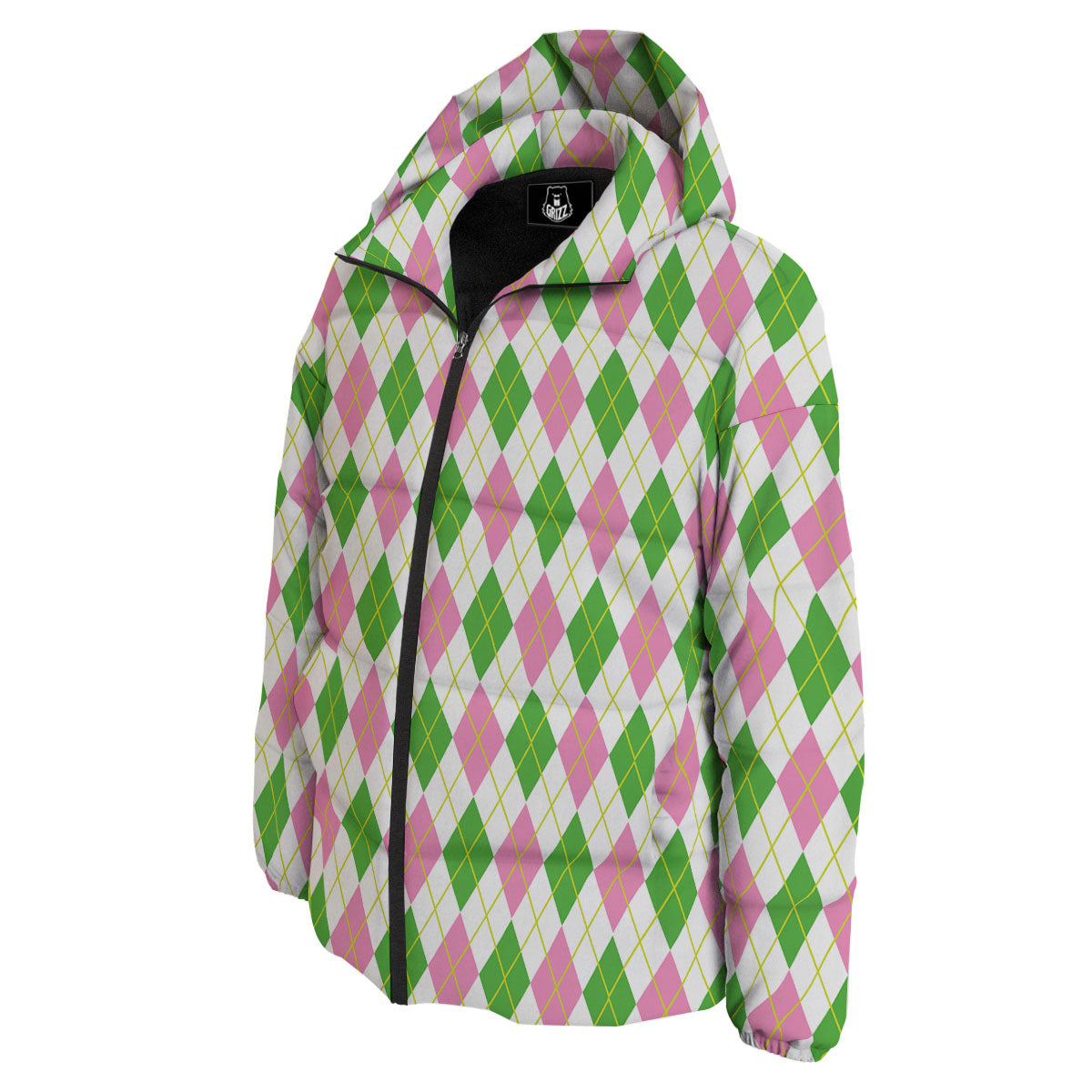 Green Pink And White Argyle Print Pattern Down Jacket-grizzshop