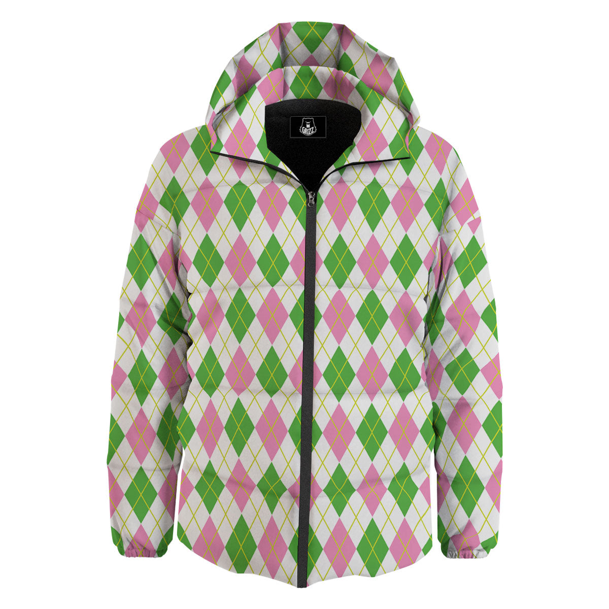 Green Pink And White Argyle Print Pattern Down Jacket-grizzshop
