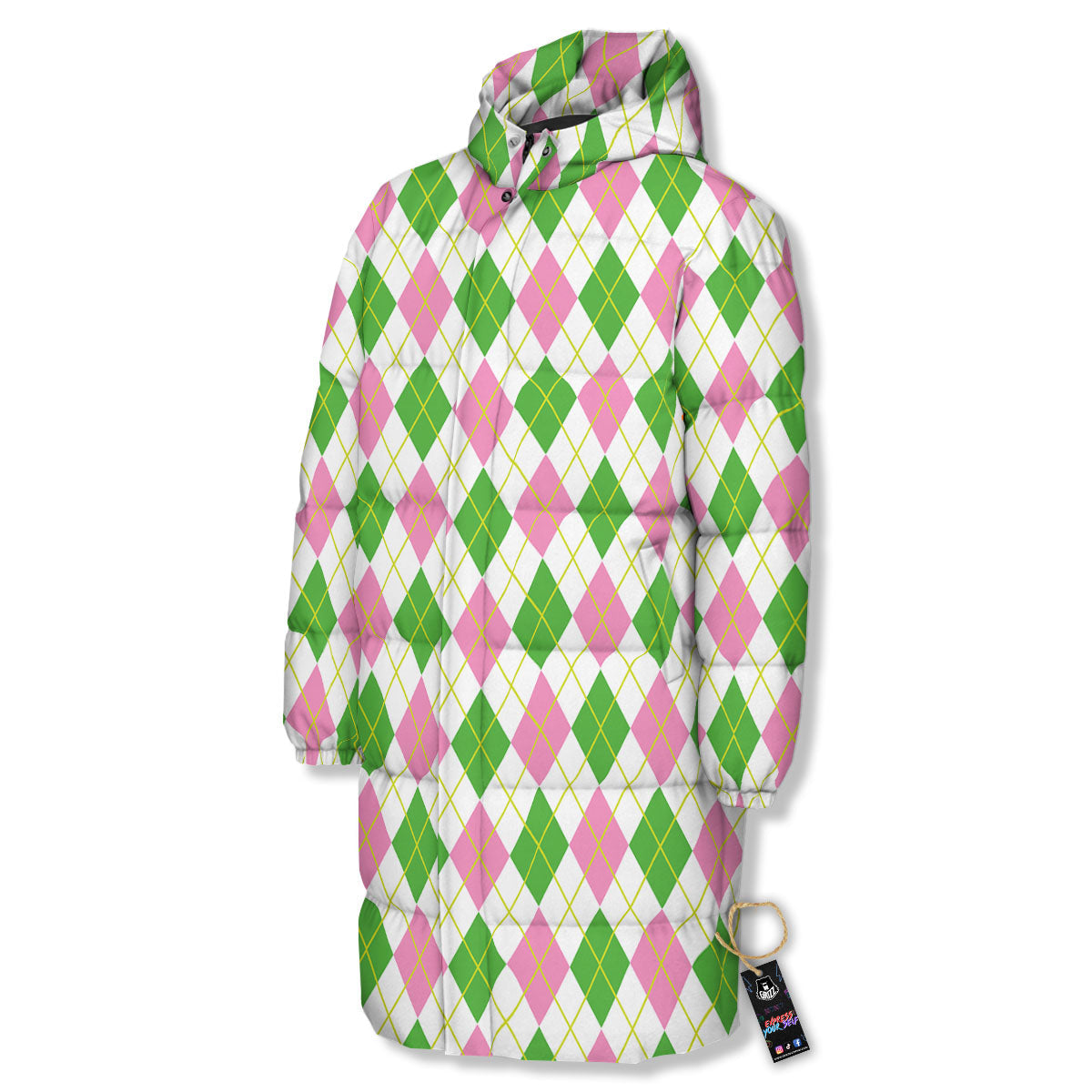Green Pink And White Argyle Print Pattern Long Down Jacket-grizzshop