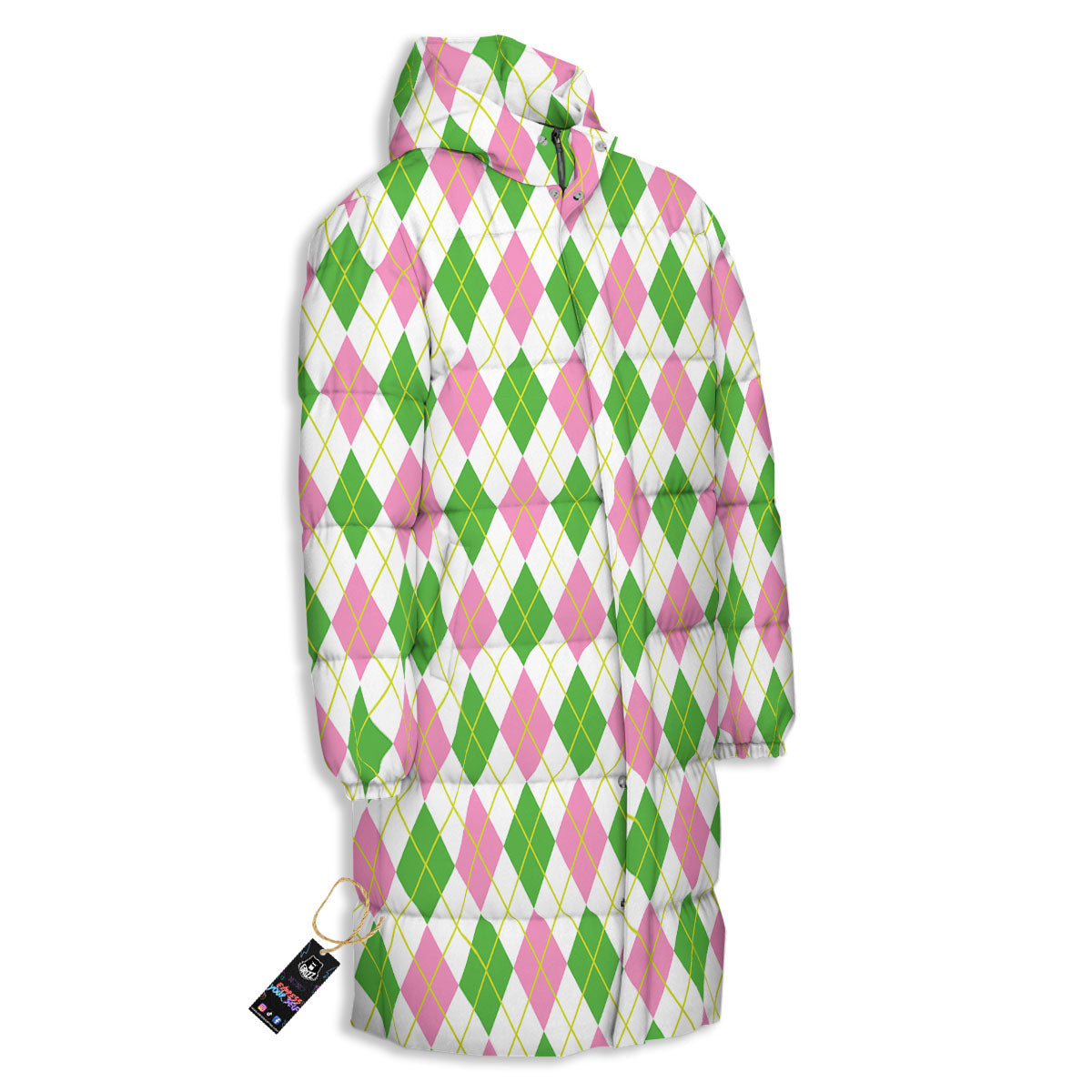 Green Pink And White Argyle Print Pattern Long Down Jacket-grizzshop