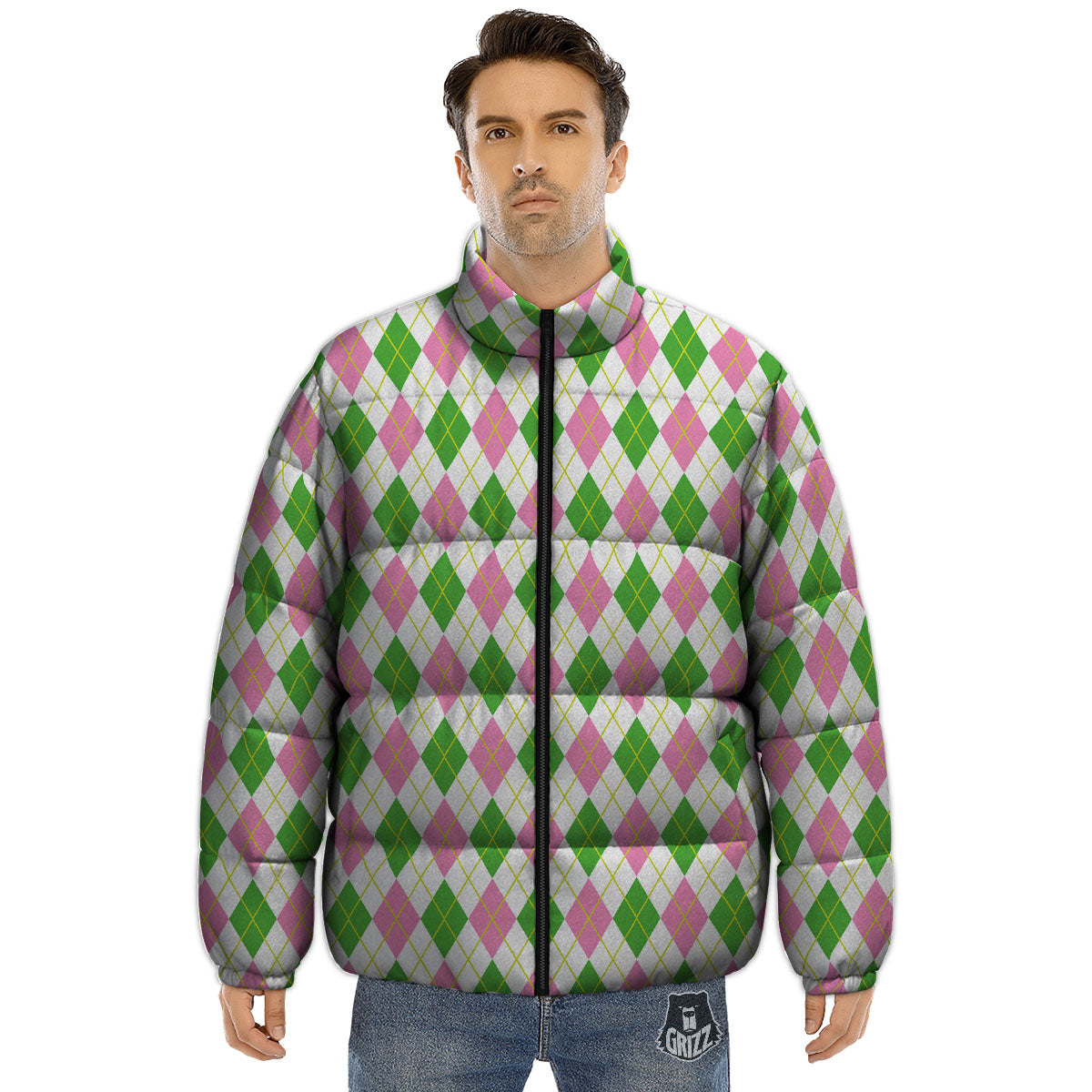 Green Pink And White Argyle Print Pattern Puffer Jacket-grizzshop