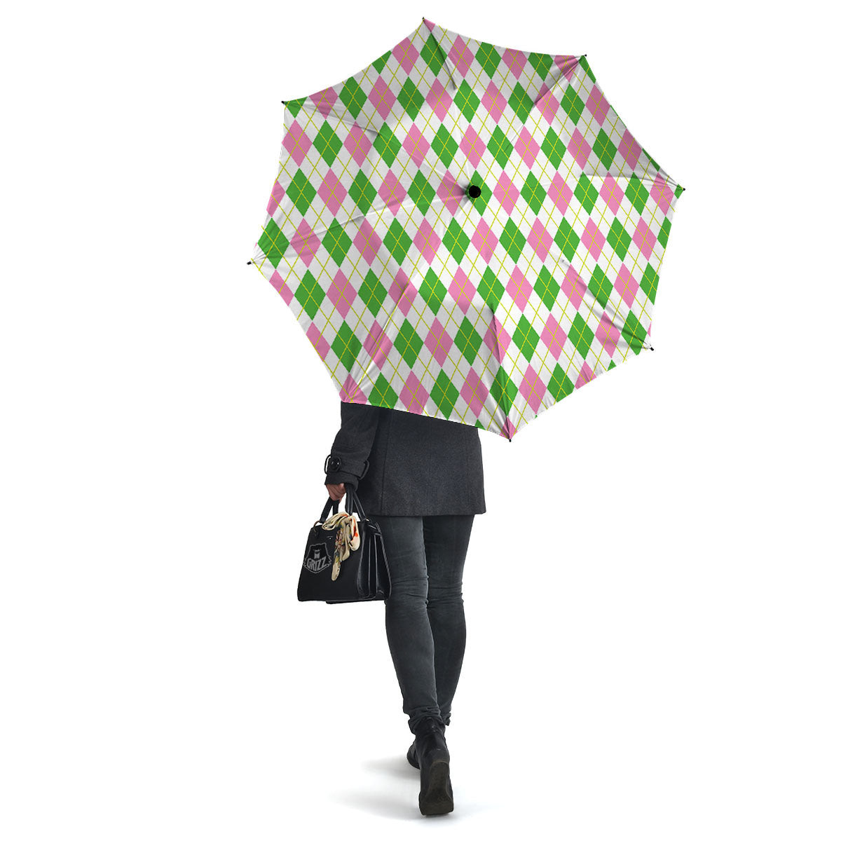 Green Pink And White Argyle Print Pattern Umbrella-grizzshop