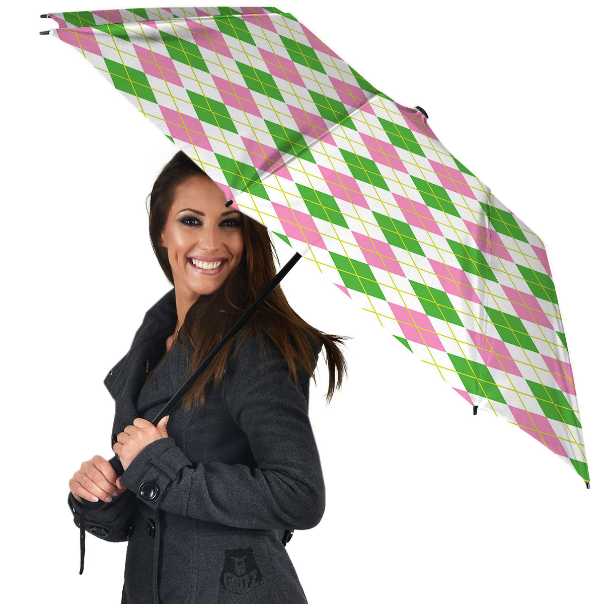 Green Pink And White Argyle Print Pattern Umbrella-grizzshop