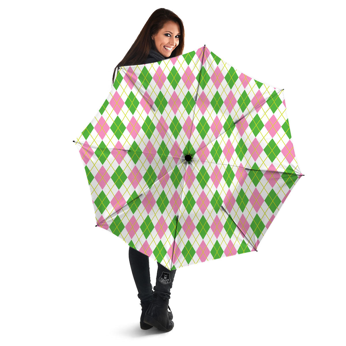 Green Pink And White Argyle Print Pattern Umbrella-grizzshop