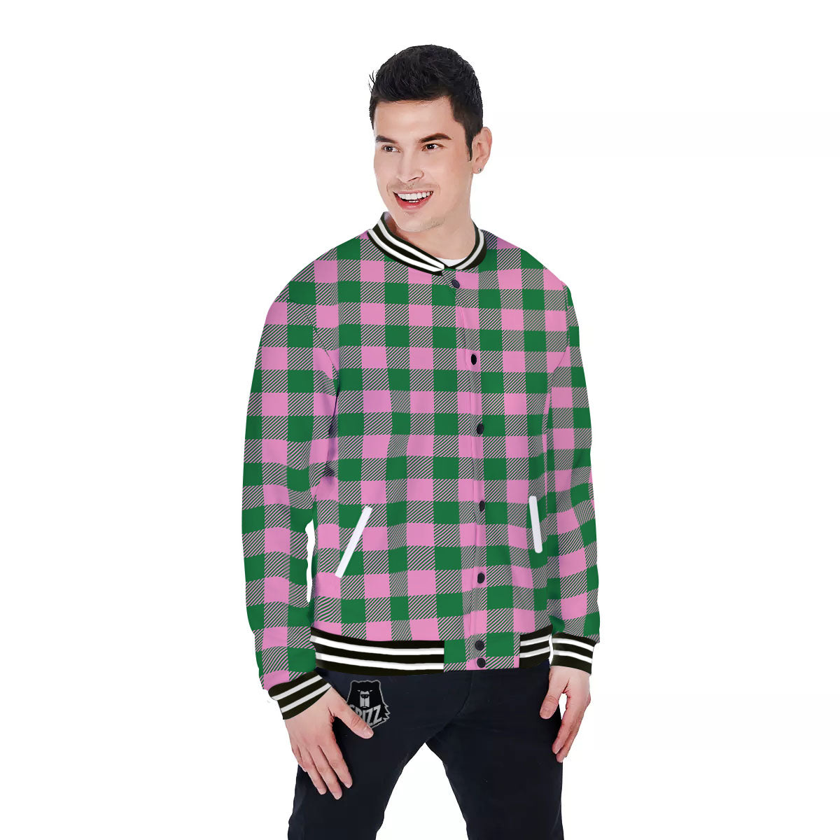 Green Pink And White Tartan Print Pattern Baseball Jacket-grizzshop