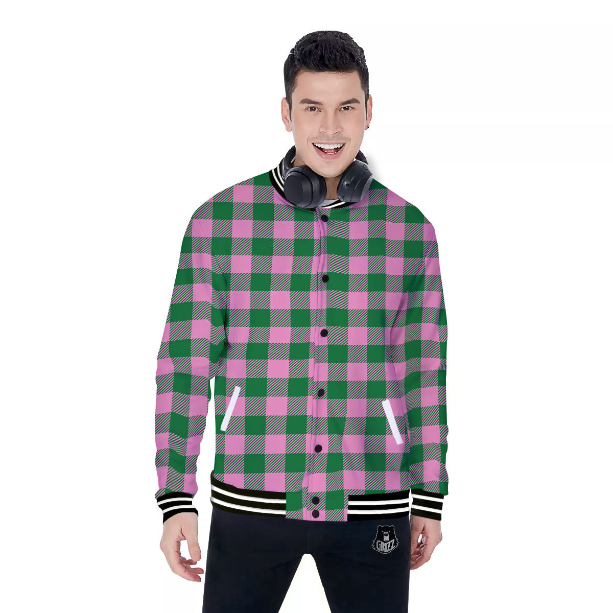 Green Pink And White Tartan Print Pattern Baseball Jacket-grizzshop