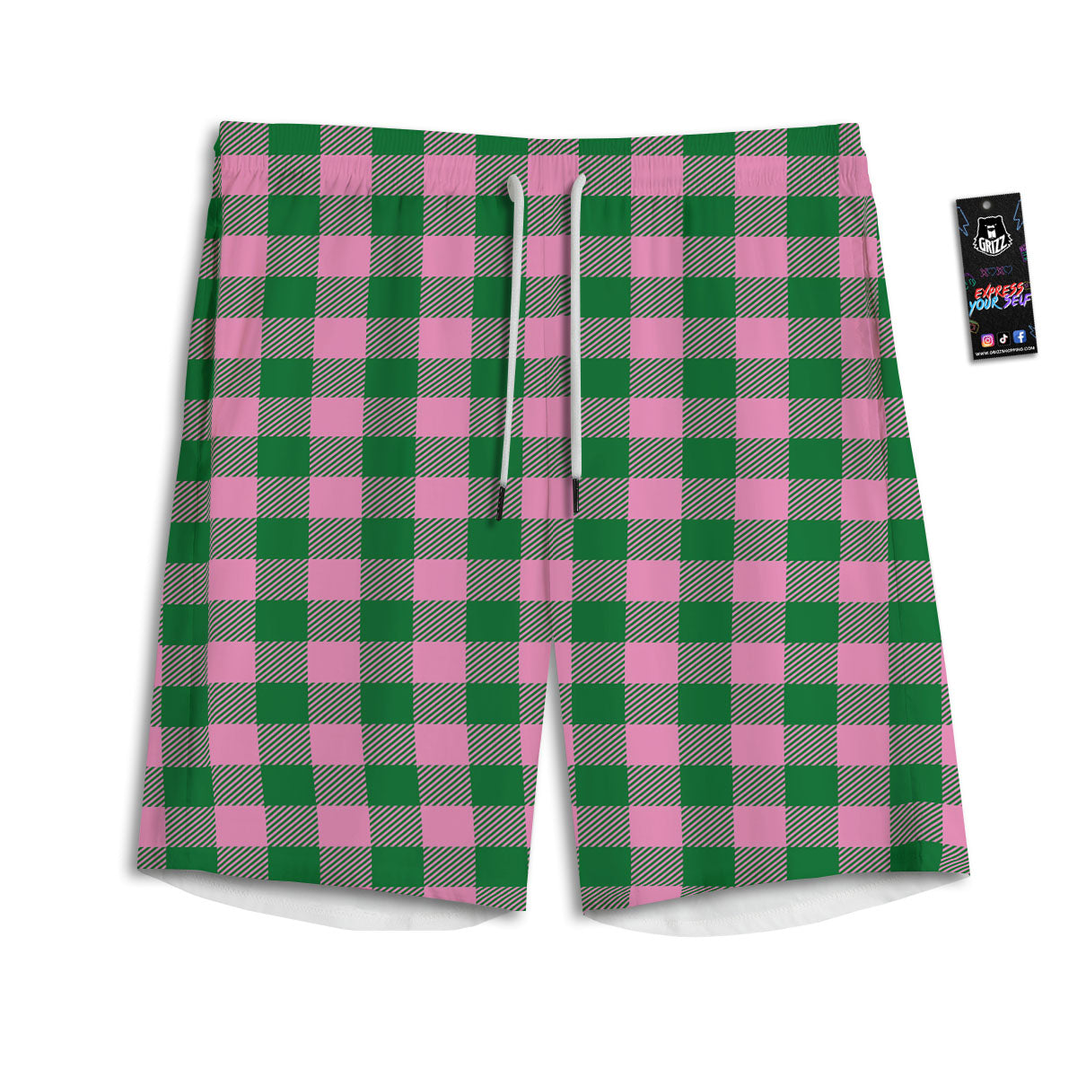 Green Pink And White Tartan Print Pattern Men's Athletic Shorts