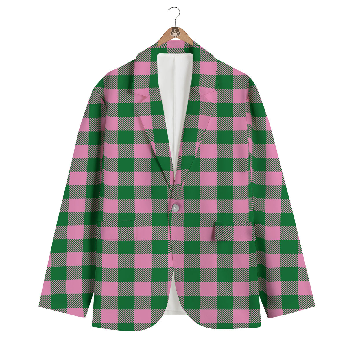 Green Pink And White Tartan Print Pattern Men's Blazer-grizzshop