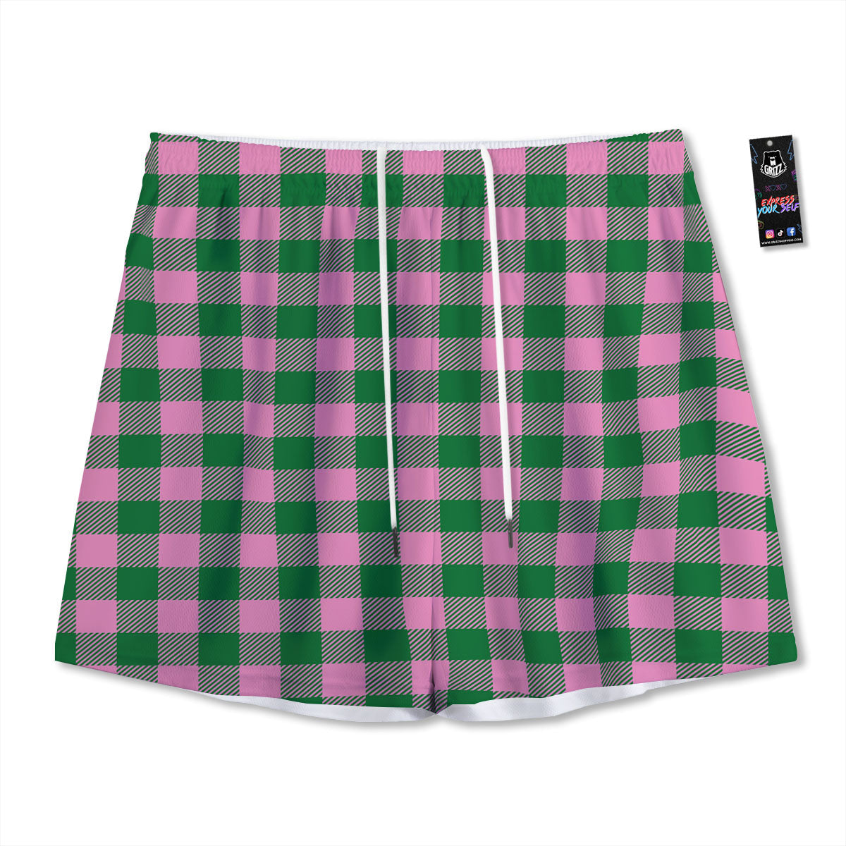 Green Pink And White Tartan Print Pattern Mesh Shorts